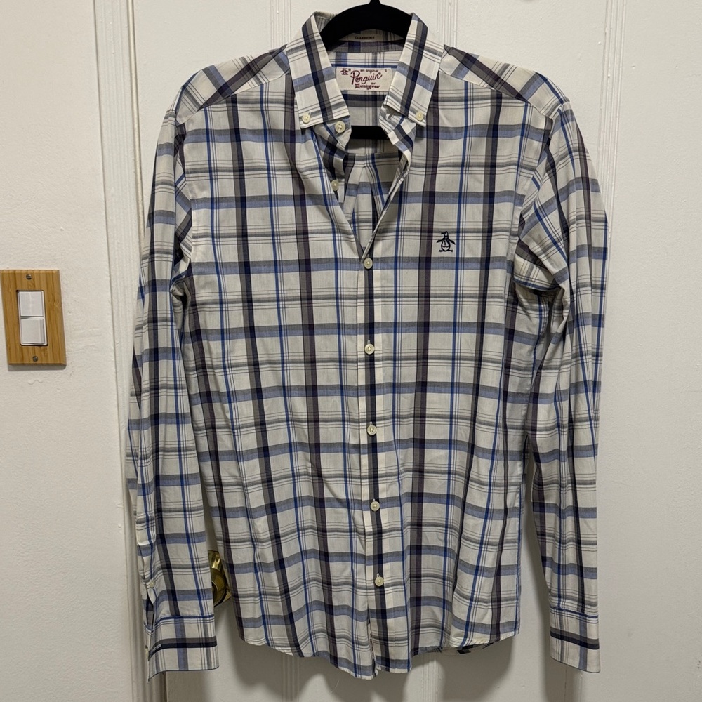 Original Penguin Men's White and Blue Checkered Shirt